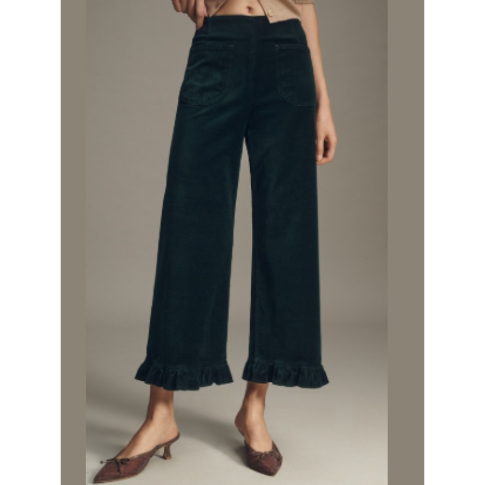 Maeve Colette Velvet Ruffle Pants Green High Rise Wide Leg Cropped Gaucho Capri